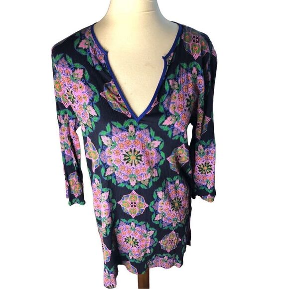 J Crew Blue Pink Medallion V Neck 3/4 Sleeve Gauze Cotton Tunic Swimsuit Cover U - Picture 2 of 13